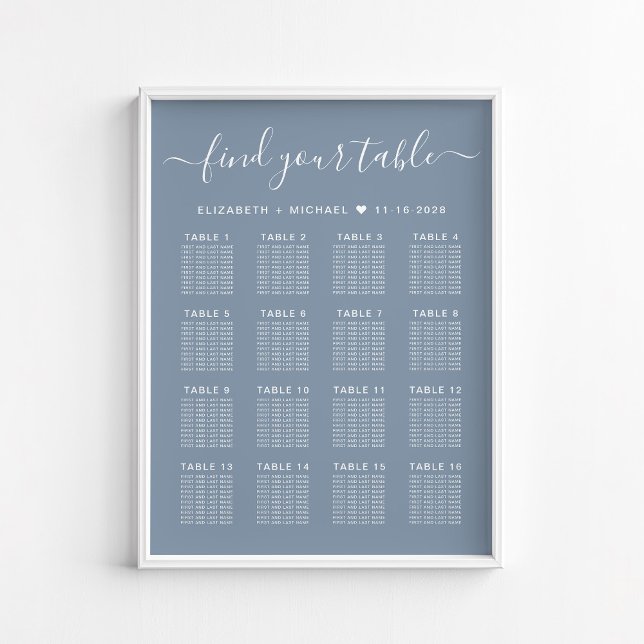 Affiche Chart de placement de mariage pour 16 tables Bleu  (Créateur téléchargé)