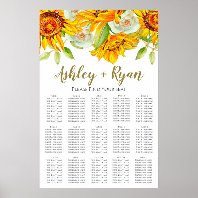 Affiche Chart de placement de mariage tournesol élégant (Devant)