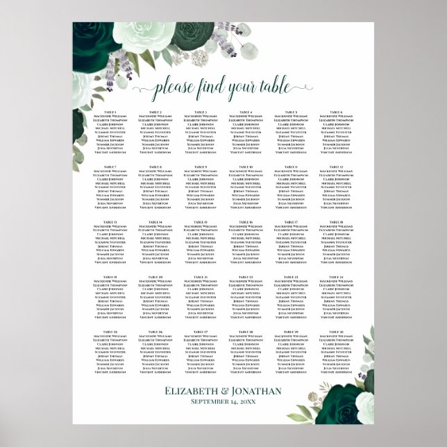 Affiche Chartes de sièges de mariage chic aux roses émerau (Devant)
