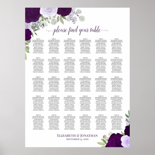 Affiche Chartre de placement de mariage chic aux roses vio (Devant)