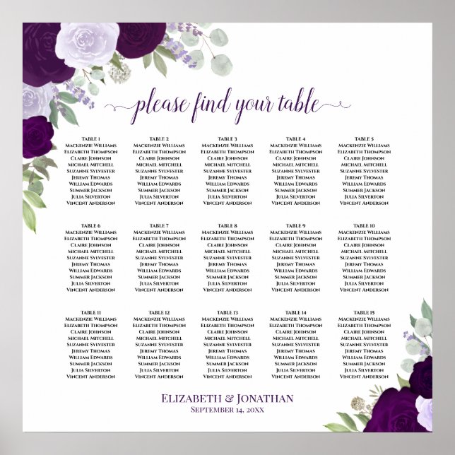 Affiche Chartre de placement de mariage chic avec 15 table (Devant)