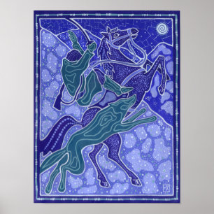 Affiche Chase, Homme Horse équitation Wolf Animaux Illustr