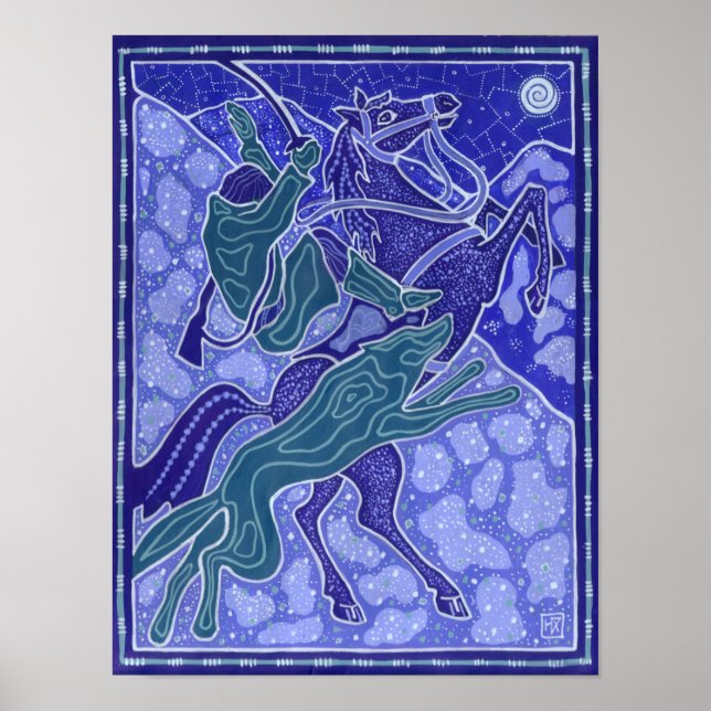 Affiche Chase, Homme Horse équitation Wolf Animaux Illustr (Devant)