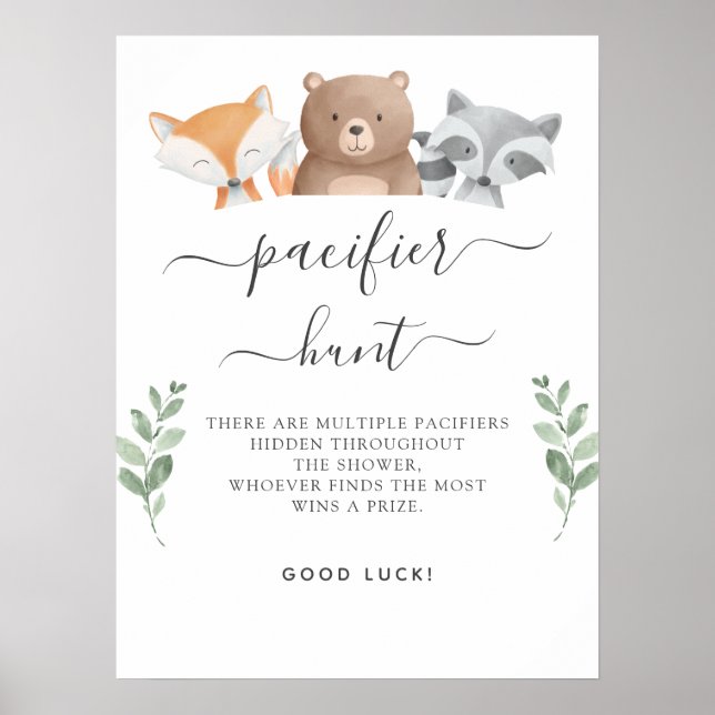 Affiche Chasse à la tétine Jeu de Baby Shower Animaux de l (Devant)