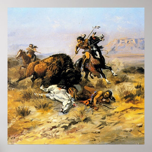 Affiche "Chasse au bison" Cowboy Art de Charles Russell (Devant)