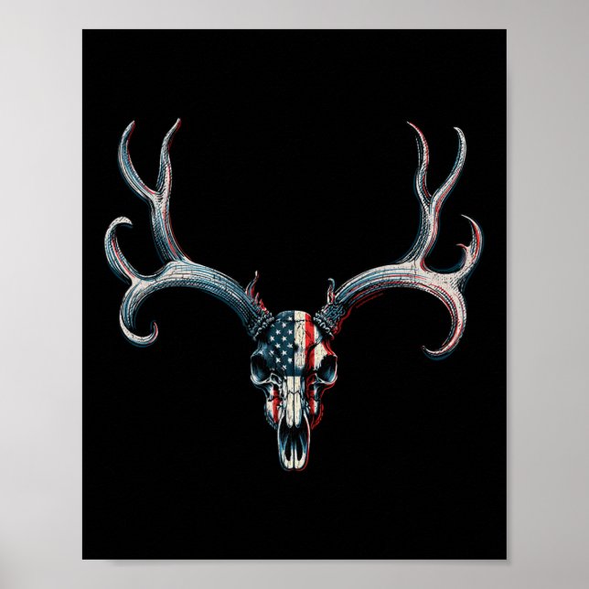 Affiche Chasse Au Cerf Mule - Drapeau Américain Sur Crâne  (Devant)