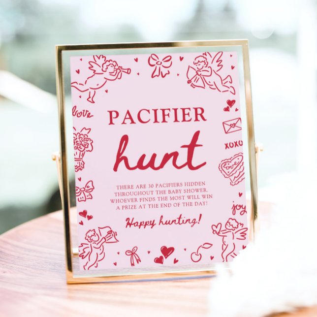 Affiche Chasse au Sucette Bébé à Main Levée Rose pour la S (Pink Hand Drawn Valentine Baby Pacifier Hunt Game )