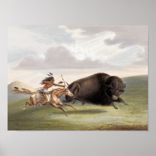 Affiche Chasse aux bisons, Poursuite (1884) chromolithogra
