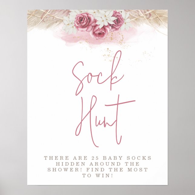 Affiche Chasse aux chaussettes Baby Shower Roses Roses Pin (Devant)