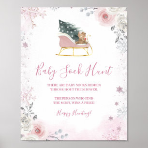 Affiche Chasse aux chaussettes bébé flocon de neige rose p