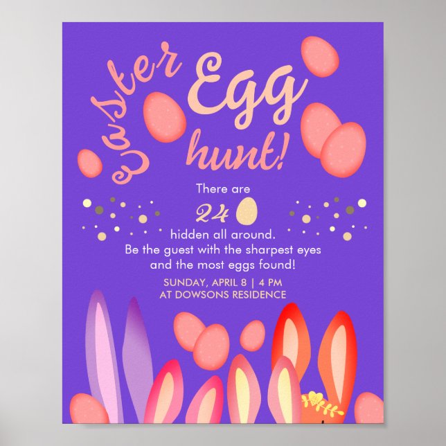 Affiche Chasse Aux Oeufs De Pâques Avec Lapins Sur Purple  (Devant)