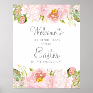 Affiche Chasse aux œufs de Pâques brunch floral rose pâle 