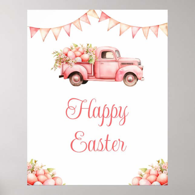 Affiche Chasse aux œufs de Pâques en camion rose (Devant)