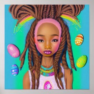 Affiche Chasse aux oeufs de Pâques Fille noire Magie Melan
