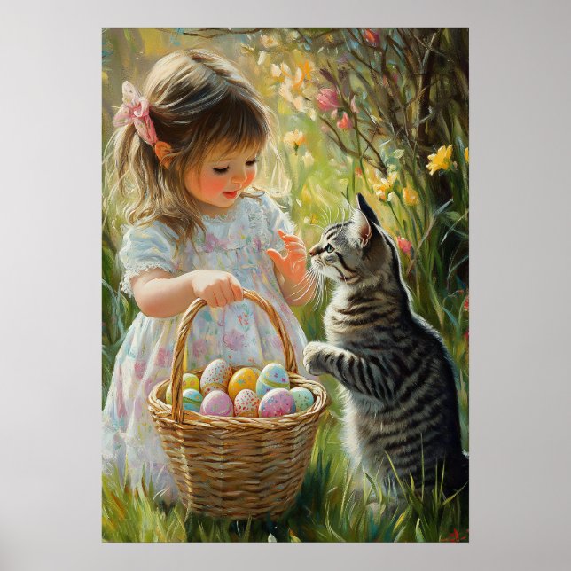 Affiche Chasse aux oeufs de Pâques mignonne avec chaton (Devant)