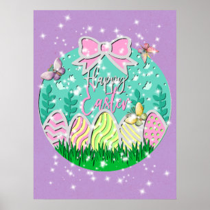 Affiche Chasse aux œufs de Pâques mignonne et papillons co