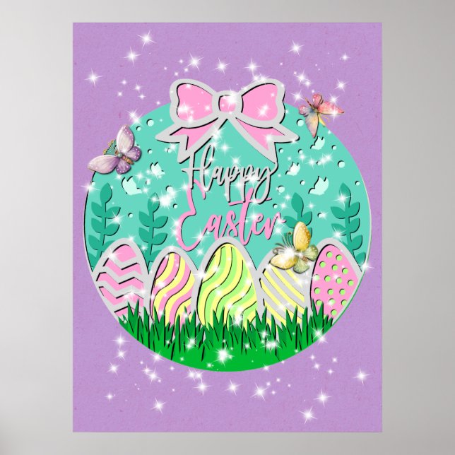 Affiche Chasse aux œufs de Pâques mignonne et papillons co (Devant)