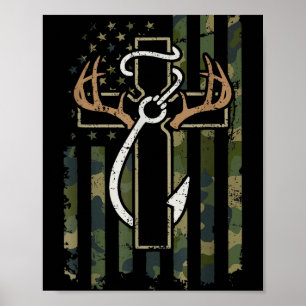 Affiche Chasse Pêche Foi Cerfs Bois Croix Crochet Chri