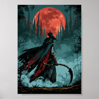 Affiche Chasseur de fantasy sombre avec faux et lune rouge
