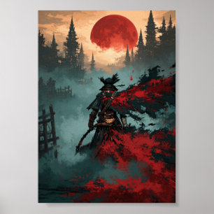 Affiche Chasseur de fantasy sombre avec faux et lune rouge