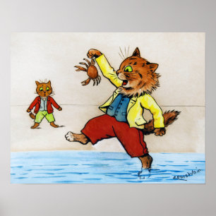 Affiche Chat a attrapé un crabe, Louis Wain