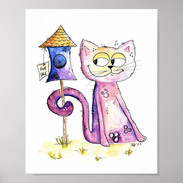 Affiche Chat à bascule blanc mignon avec Birdhouse (Devant)