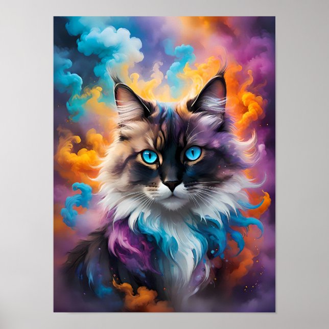 Affiche Chat à bouffée majestueuse avec yeux bleus percés (Devant)