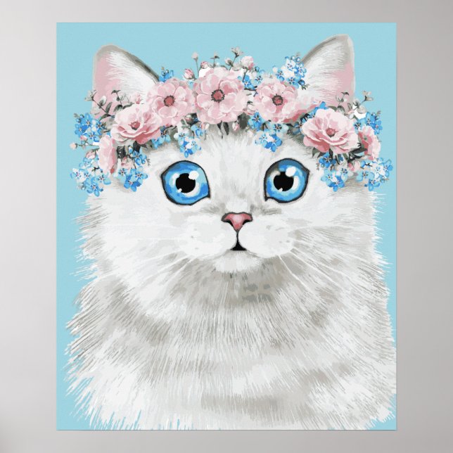 Affiche Chat à fleurs blanc doux (Devant)