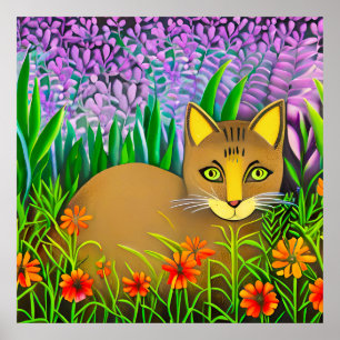 Affiche Chat à l'oeil vert dans un jardin fleuri