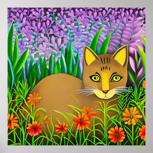 Affiche Chat à l'oeil vert dans un jardin fleuri (Devant)