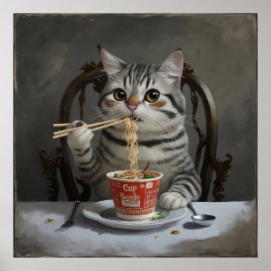 Affiche Chat À Rayures Profitant Des Nouilles De Coupe