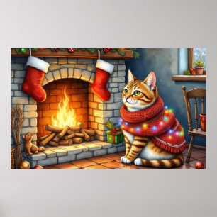 Affiche Chat abyssin assis près de la cheminée à Noël