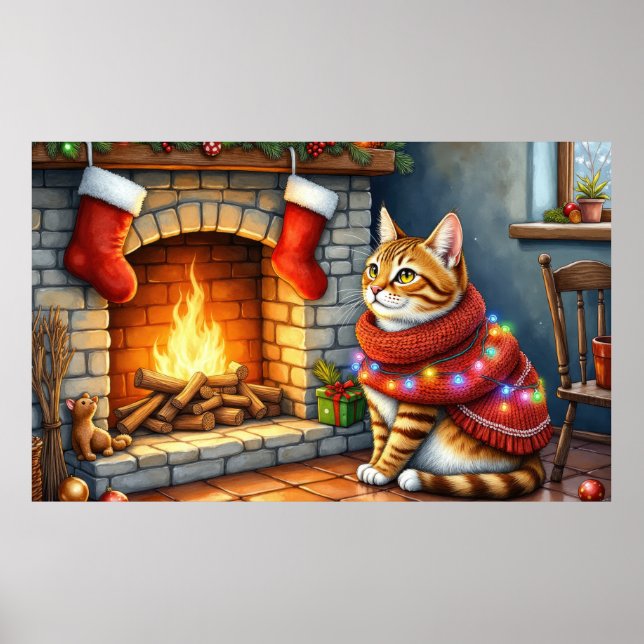 Affiche Chat abyssin assis près de la cheminée à Noël (Devant)