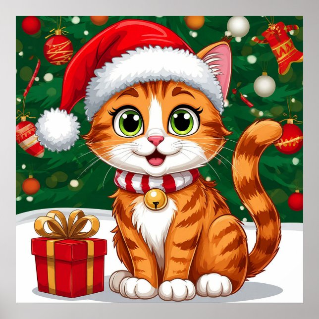 Affiche Chat adorable avec un chapeau de Père Noël et un c (Devant)