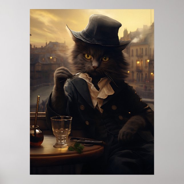 Affiche Chat Adorable En Costume Sirotant Un Verre À Paris (Devant)