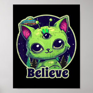 Affiche Chat Alien Cute Croient En Ufo Kawaii