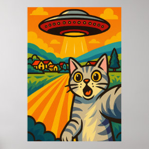 Affiche Chat Alien Drôle UFO Abduction Chat Art Pop Rétro