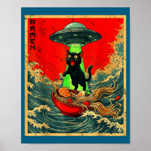 Affiche Chat Alien Ramen Papa Ufo Drôle Vintage Japonais