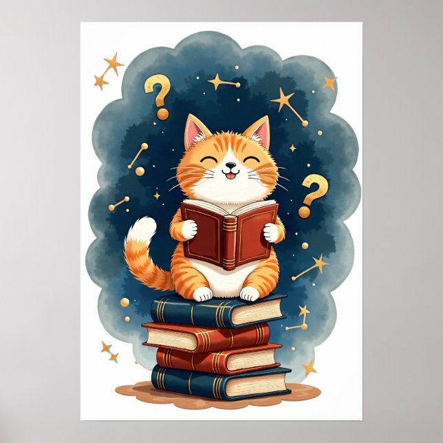 Affiche Chat amateur de livre dans l'espace lisant une con (Devant)