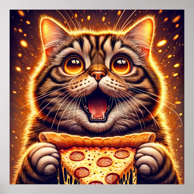 Affiche Chat amateur de pizza avec de larges yeux (Devant)