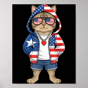 Affiche Chat Américain Drapeau USA Rouge Blanc Bleu Patrio
