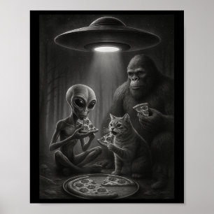 Affiche Chat Amusant Avec Alien Et Pizza De Pied D'Oignon 