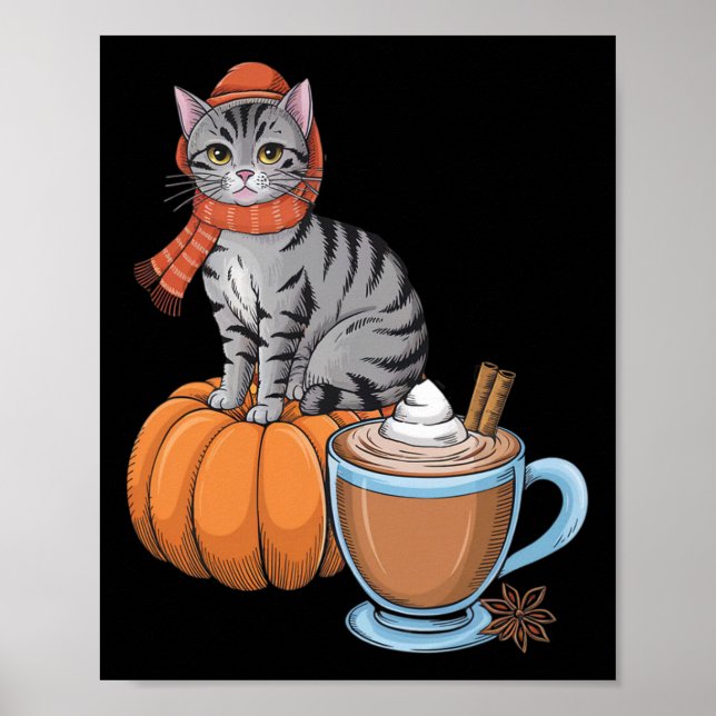 Affiche Chat amusant Citrouille épice café Thanksgiving Au (Devant)