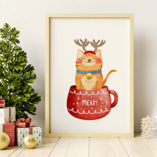 Affiche Chat amusant en Coupe Rindeer Antlers Rouge Nez No