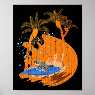 Affiche Chat animal de surfeur drôle planche de surf océan