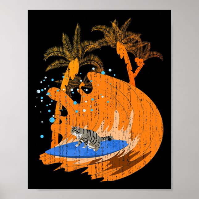 Affiche Chat animal de surfeur drôle planche de surf océan (Devant)