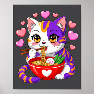 Affiche Chat Anime Mangeant des Nouilles Ramen Avec des Cœ
