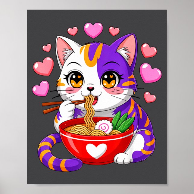 Affiche Chat Anime Mangeant des Nouilles Ramen Avec des Cœ (Devant)
