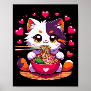 Affiche Chat Anime Mangeant Des Nouilles Ramen Avec Des Cœ
