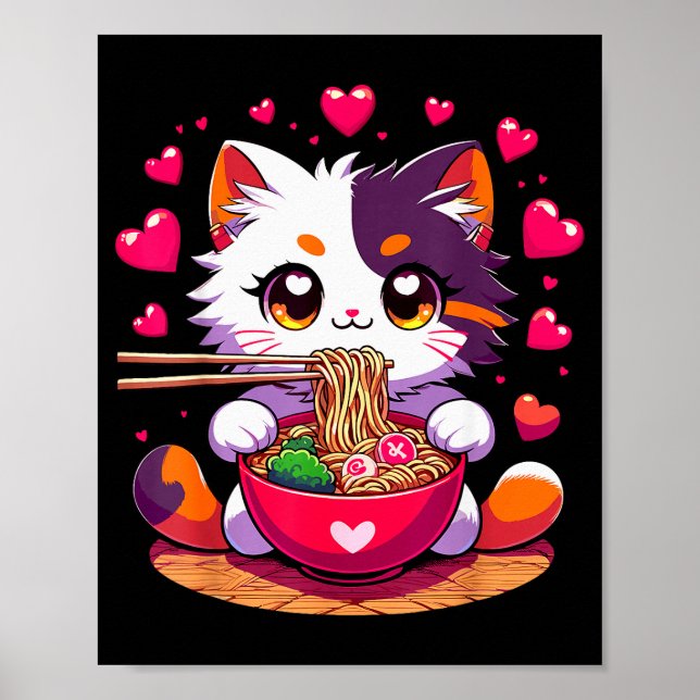 Affiche Chat Anime Mangeant Des Nouilles Ramen Avec Des Cœ (Devant)